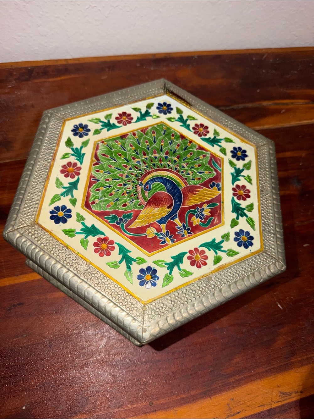 Vintage Peacock & Flowers Meenakari Jewelry Trinket Box Hand-Painted Indian